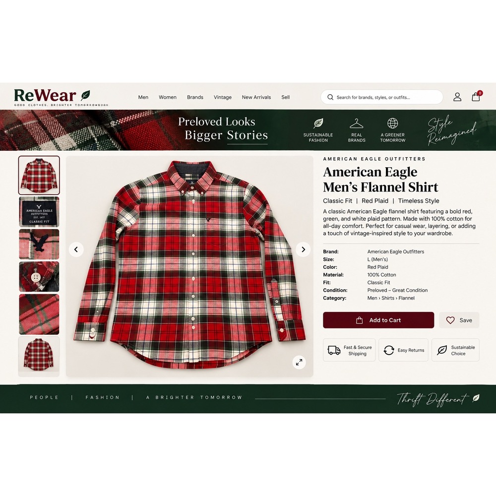 American Eagle Outfitters Mens Large Red Green Plaid Classic Fit Button Down
